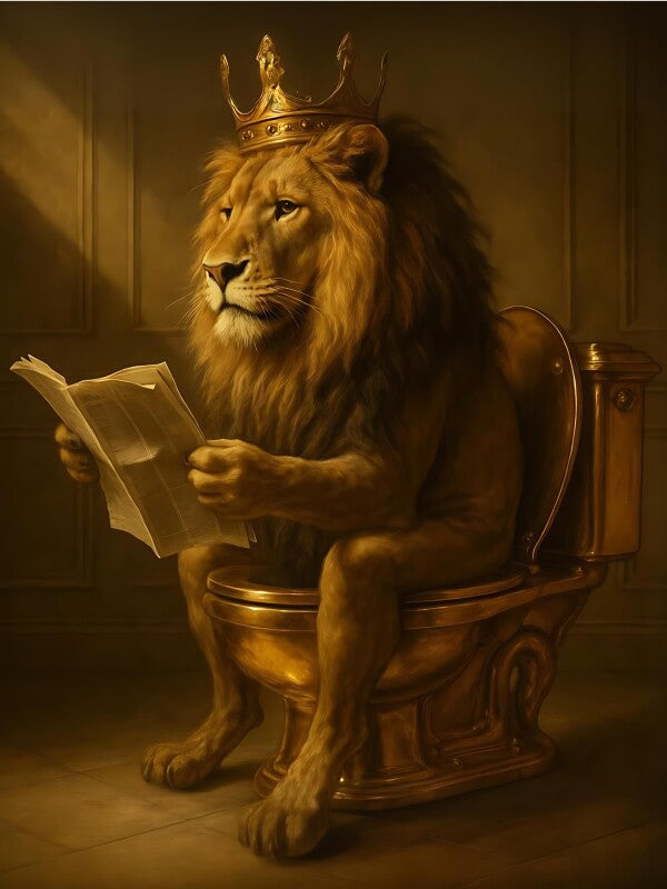 König der Keramik Poster | Lustige Gäste-WC Deko | Löwe auf goldener Toilette