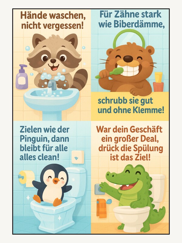 Kinderfreundliches Toilettenposter | Süße Badezimmerregeln mit Tieren fürs Familienbad