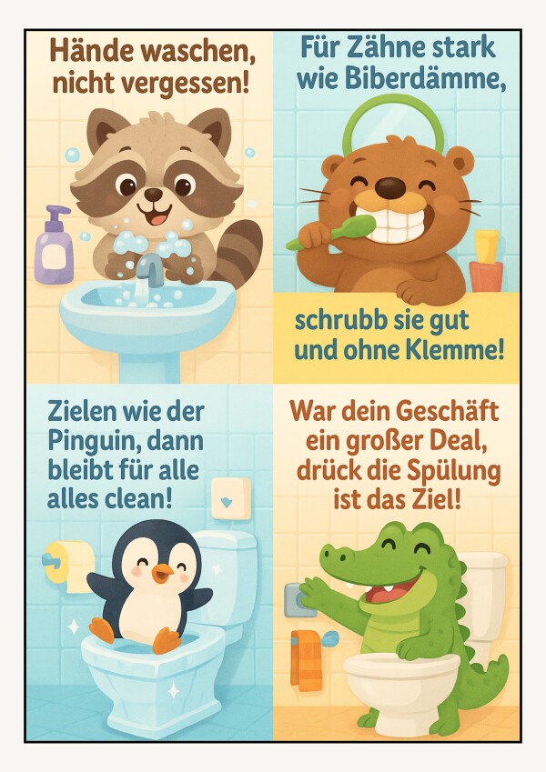 Kinderfreundliches Toilettenposter | Süße Badezimmerregeln mit Tieren fürs Familienbad