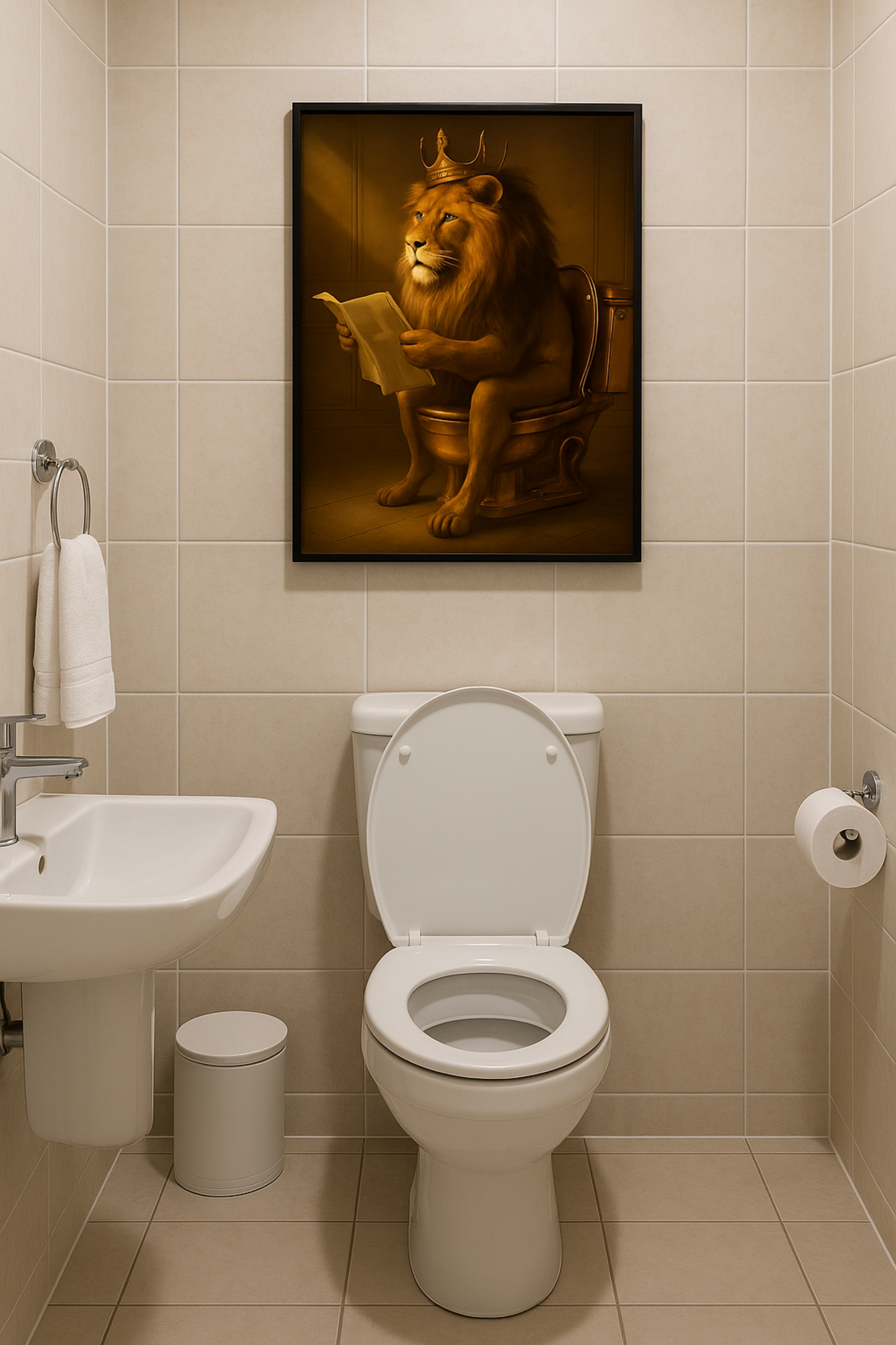 König der Keramik Poster | Lustige Gäste-WC Deko | Löwe auf goldener Toilette