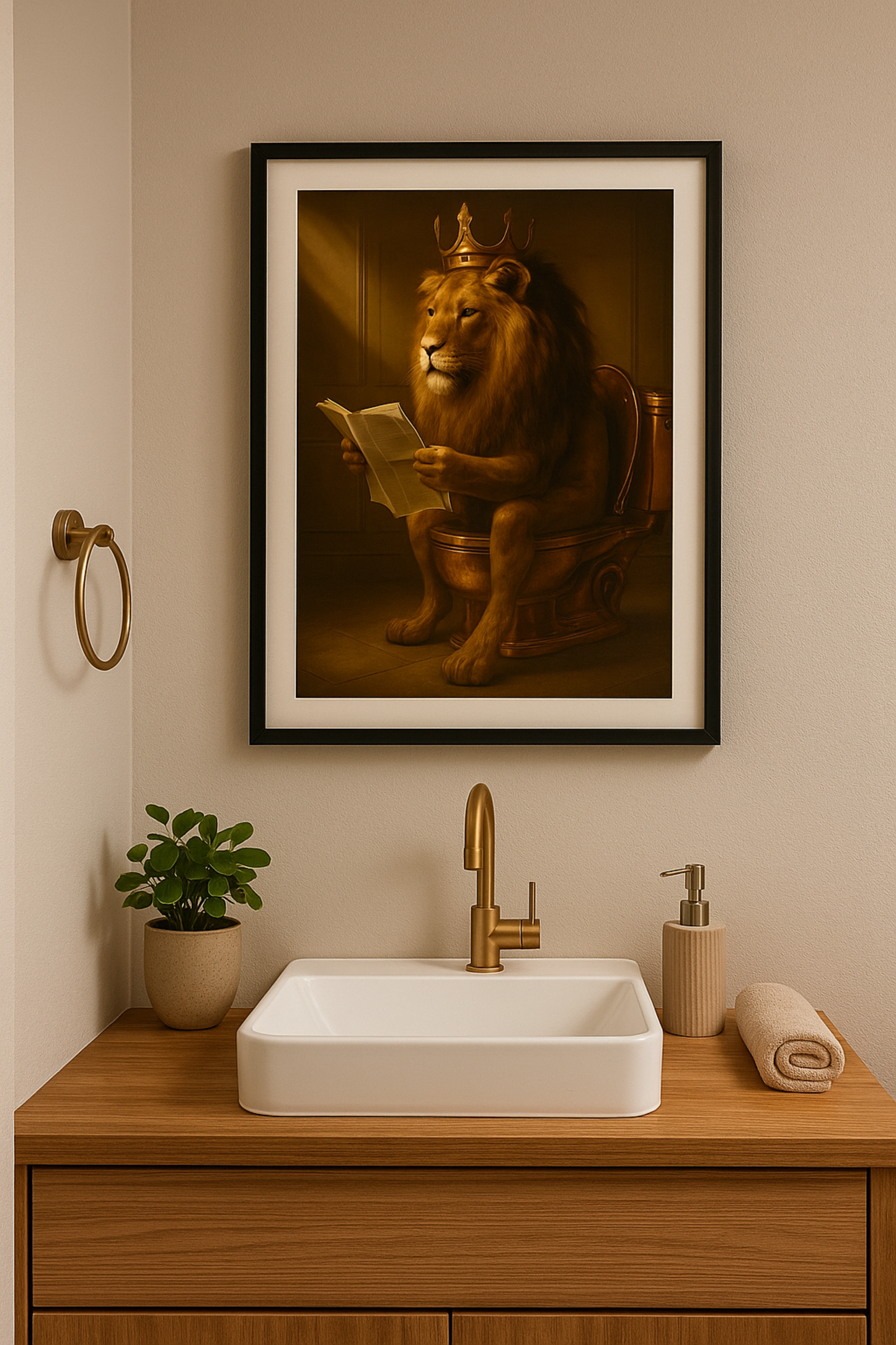 König der Keramik Poster | Lustige Gäste-WC Deko | Löwe auf goldener Toilette
