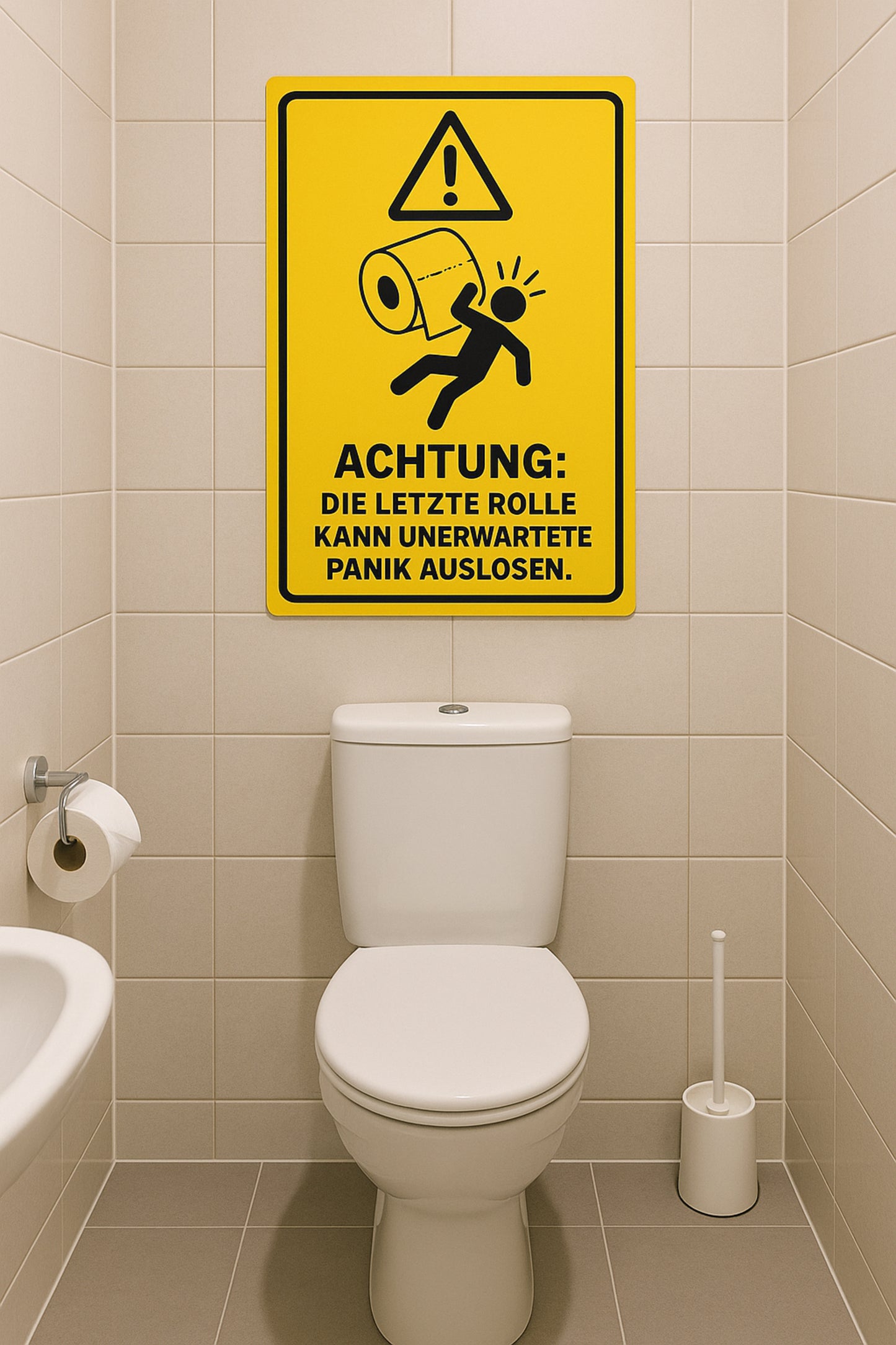 Warnschild Toilettenposter | Lustiges WC Bild mit Spruch | Gäste-WC Deko mit Klopapier-Alarm