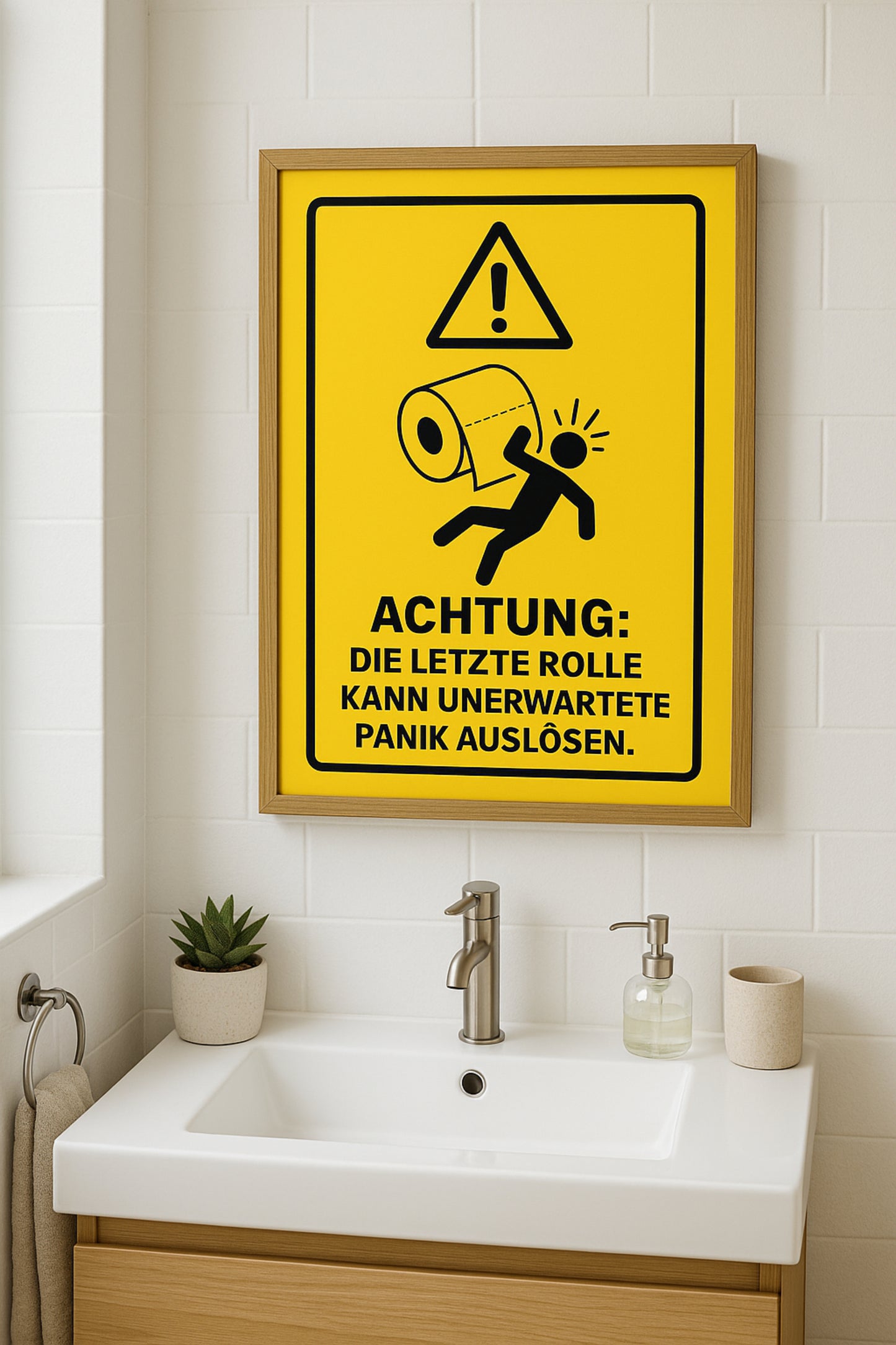 Warnschild Toilettenposter | Lustiges WC Bild mit Spruch | Gäste-WC Deko mit Klopapier-Alarm