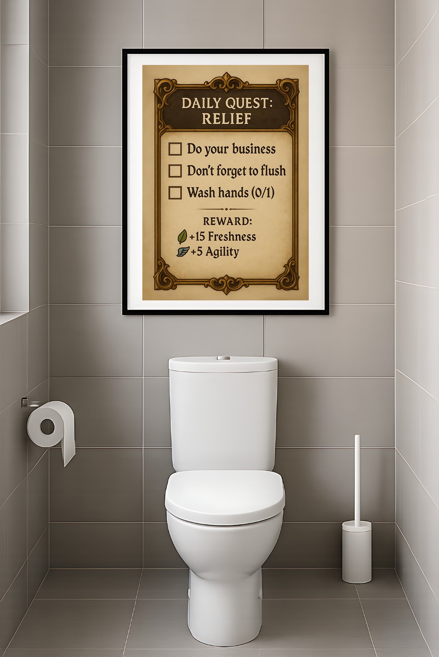 Daily Quest Klo-Poster | Lustiges WG-Bild fürs Bad | Gaming Meme Toilettenposter