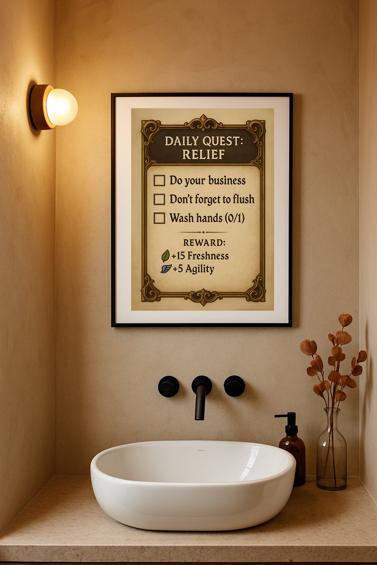 Daily Quest Klo-Poster | Lustiges WG-Bild fürs Bad | Gaming Meme Toilettenposter