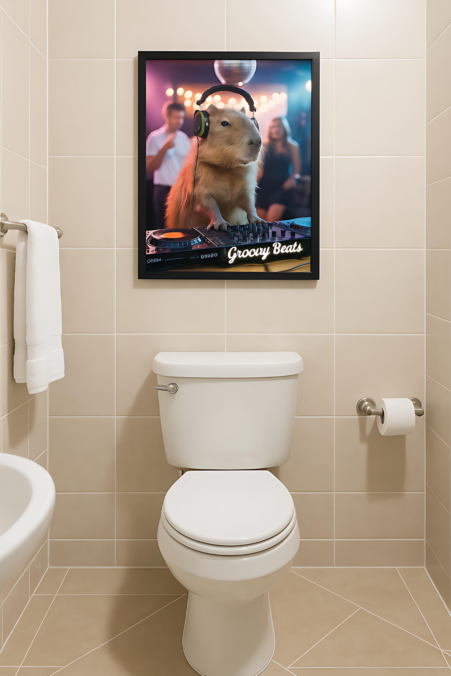 Capybara DJ Poster | Lustige WC Deko mit Party-Vibes | Witziges Bild fürs Gäste-WC