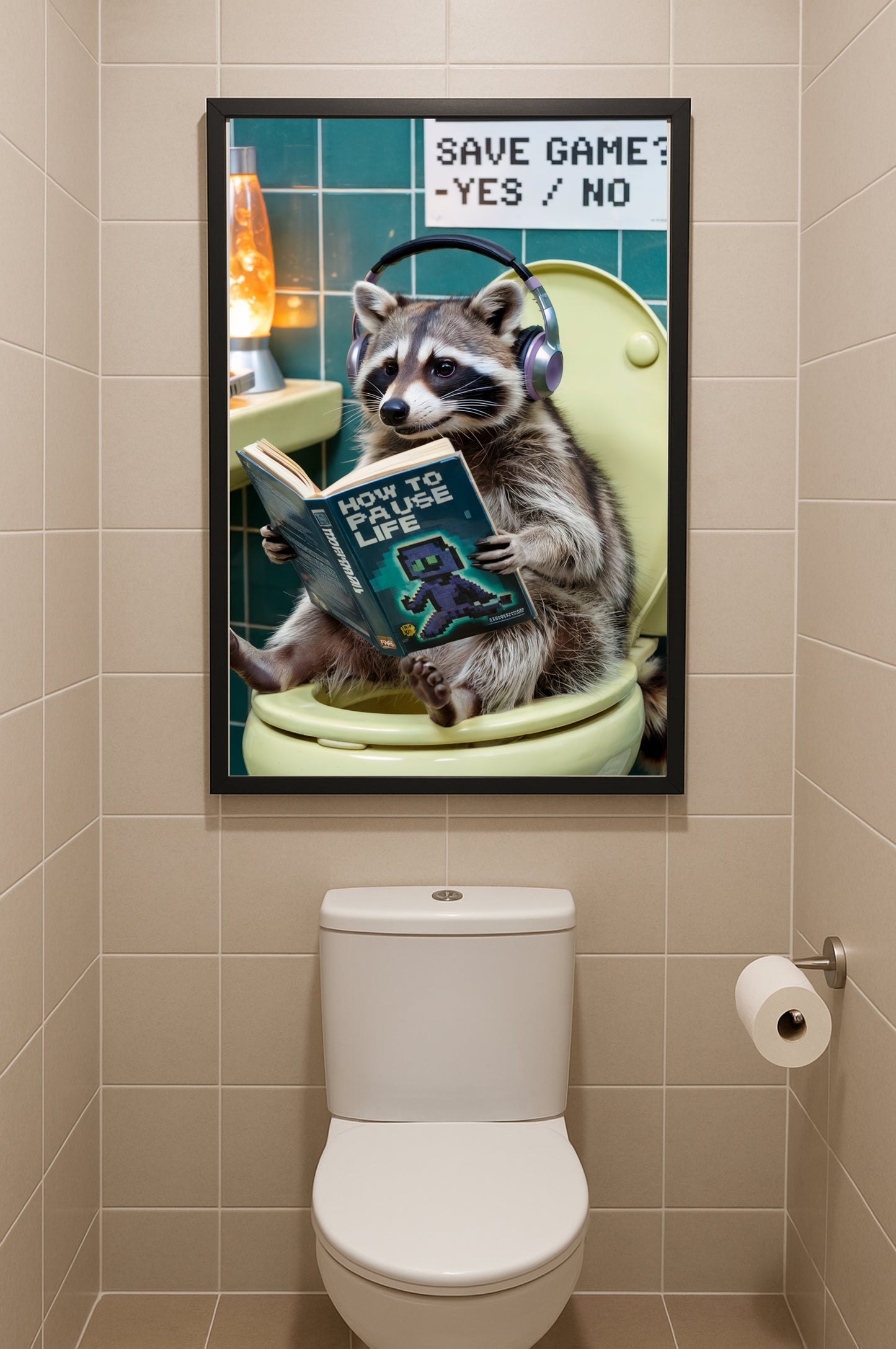 Toilettenposter Waschbär Gamer | Pause-Modus fürs WC – Level up!