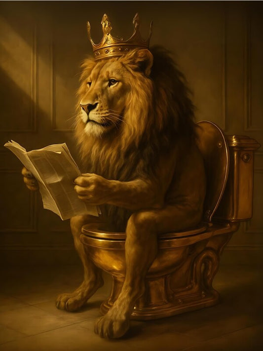 König der Keramik Poster | Lustige Gäste-WC Deko | Löwe auf goldener Toilette