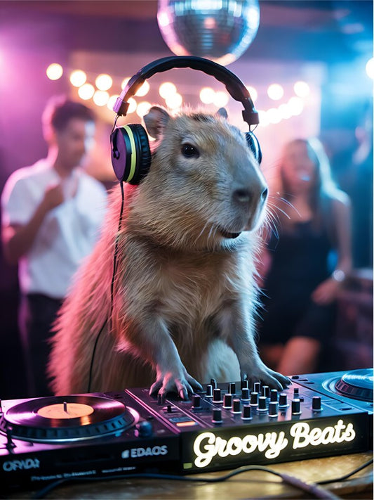 Capybara DJ Poster | Lustige WC Deko mit Party-Vibes | Witziges Bild fürs Gäste-WC