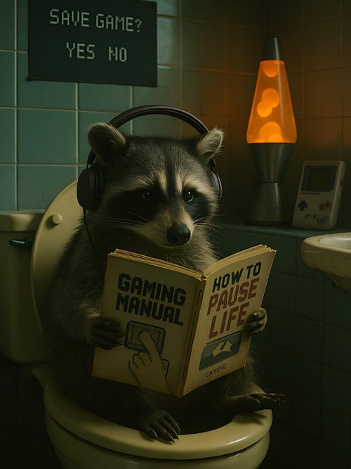 Gaming Waschbär Poster | Lustige WC Deko mit Retro-Vibe | Toilettenposter für Zocker