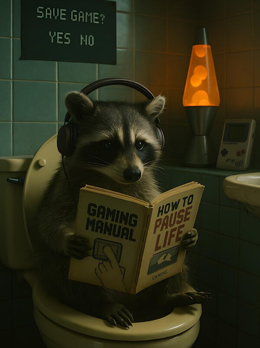 Gaming Waschbär Poster | Lustige WC Deko mit Retro-Vibe | Toilettenposter für Zocker