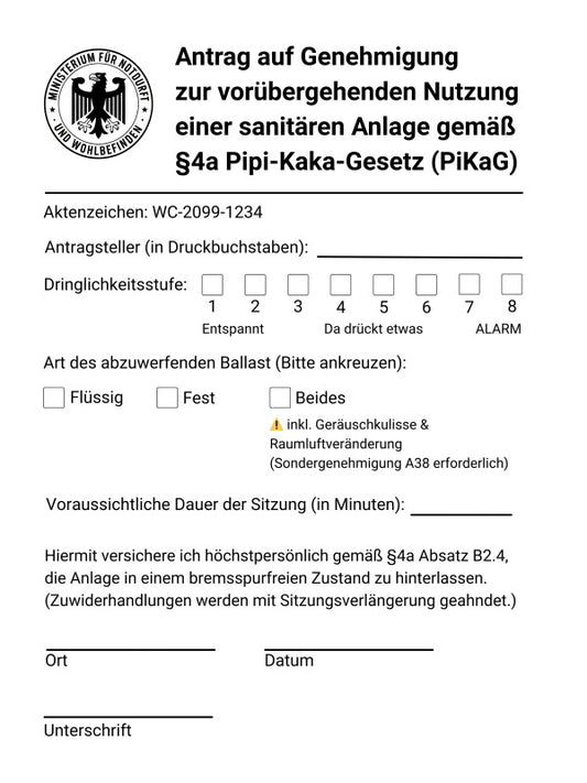 Lustiges Klo-Poster: Antrag nach §4a PiKaG | Perfekt für Gäste-WC & WG