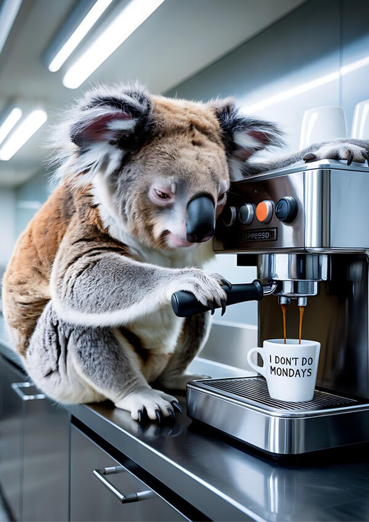 Kaffee-Koala Poster | Lustiges Bild fürs Büro, Gäste-WC & Morgenmuffel