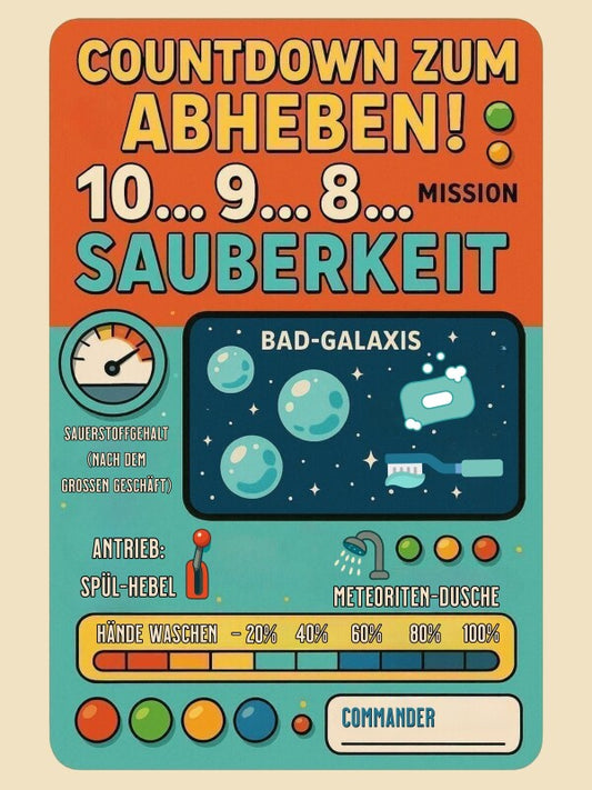 Kinderposter fürs Badezimmer | Mission Sauberkeit | Raketenstart ins WC-Abenteuer