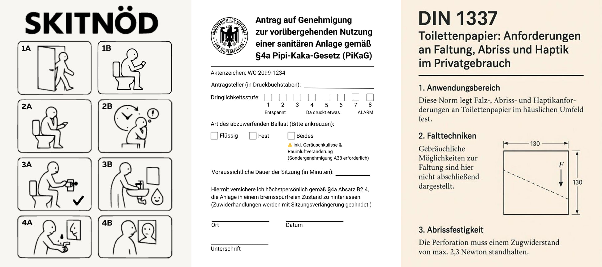 Lustige WC Poster 3er Set - DIN 1337 PiKaG und SKITNOED Toilettenposter Badezimmer Deko
