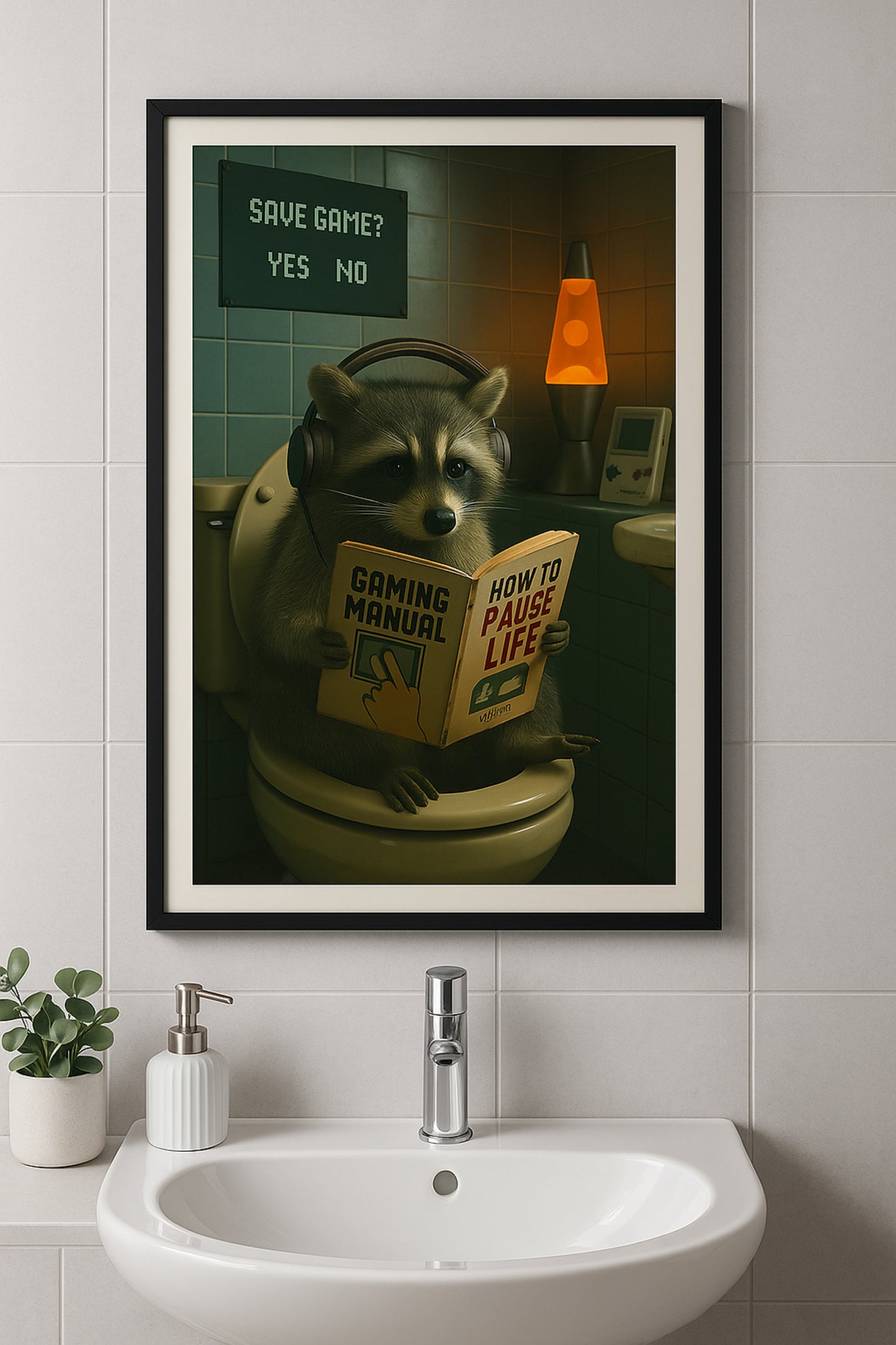 Gaming Waschbär Poster | Lustige WC Deko mit Retro-Vibe | Toilettenposter für Zocker