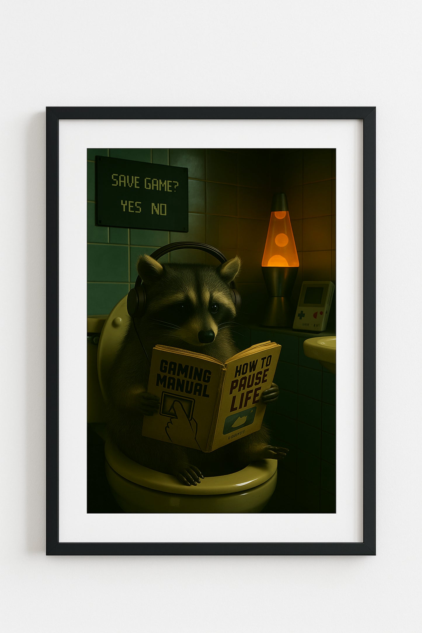 Gaming Waschbär Poster | Lustige WC Deko mit Retro-Vibe | Toilettenposter für Zocker