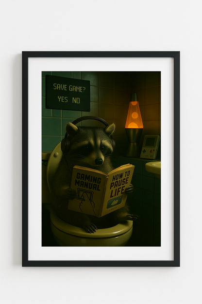 Gaming Waschbär Poster | Lustige WC Deko mit Retro-Vibe | Toilettenposter für Zocker