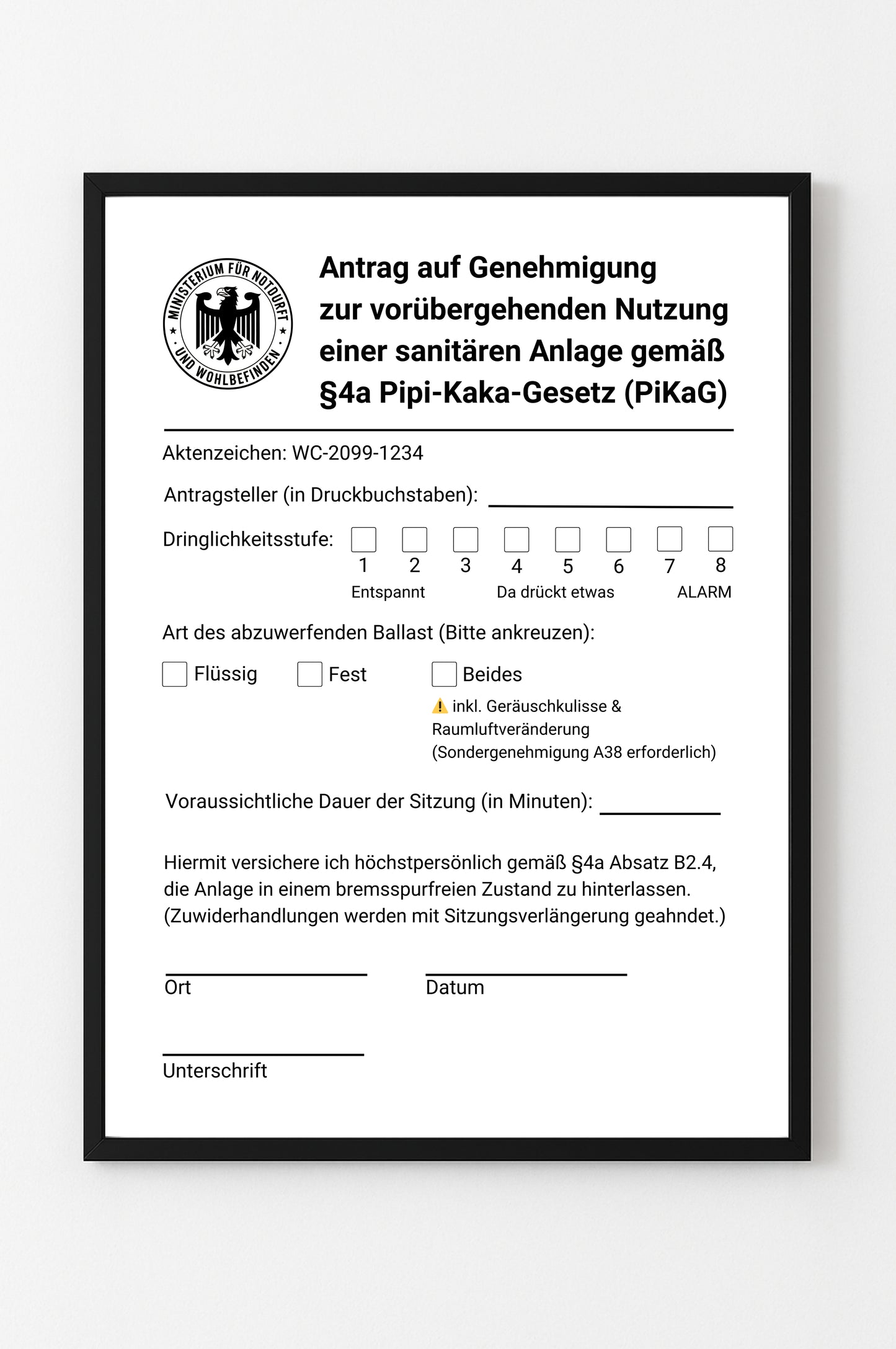 Lustiges Klo-Poster: Antrag nach §4a PiKaG | Perfekt für Gäste-WC & WG