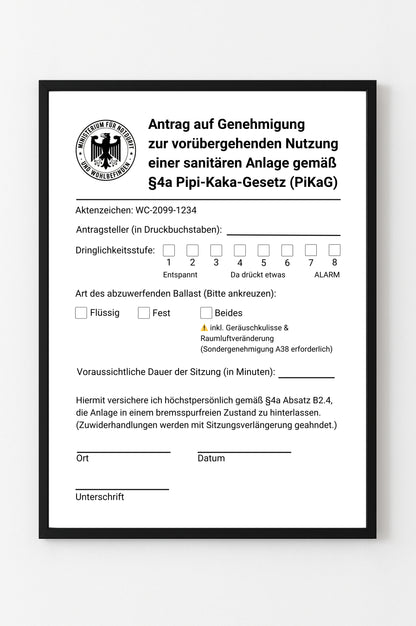 Lustiges Klo-Poster: Antrag nach §4a PiKaG | Perfekt für Gäste-WC & WG