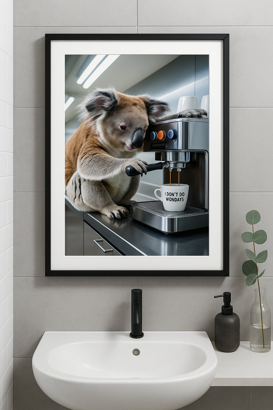 Kaffee-Koala Poster | Lustiges Bild fürs Büro, Gäste-WC & Morgenmuffel