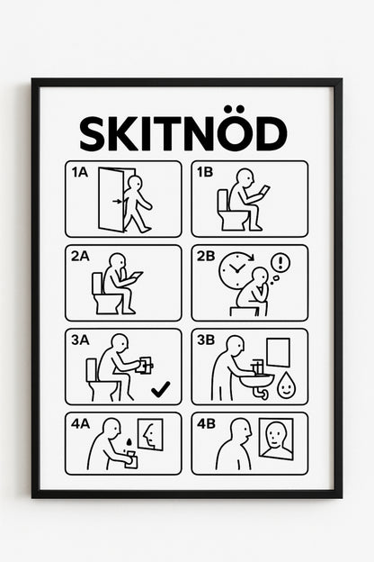 SKITNÖD Poster | Lustige Anleitung fürs WC im minimalistischen Möbelhaus-Stil
