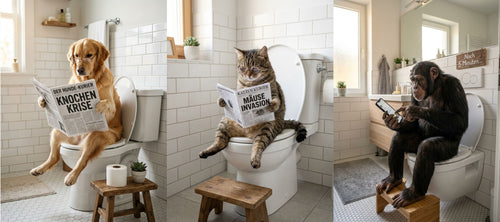 Tiere auf Toilette 3er Poster Set - Katze Hund und Affe als lustige WC Bilder Badezimmer Deko
