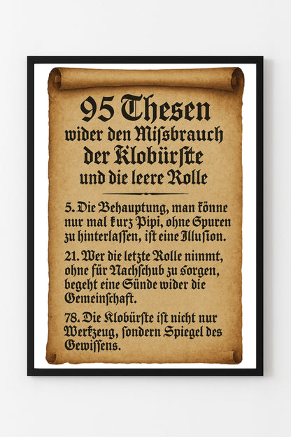 95 Thesen Poster | Witziges WG Toilettenposter gegen leere Rollen & Klobürsten-Drama