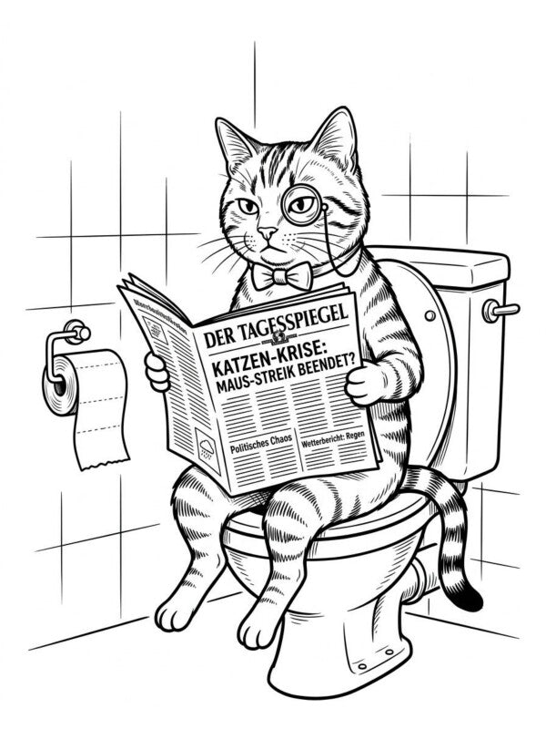 Katze auf Toilette Poster Schwarz-Weiss Katzen-Krise - Lustiges WC Bild Badezimmer Deko