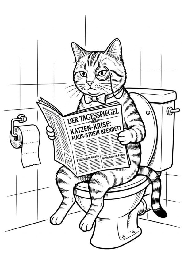 Katze auf Toilette Poster Schwarz-Weiss Katzen-Krise - Toilettenposter fuers Gaeste-WC