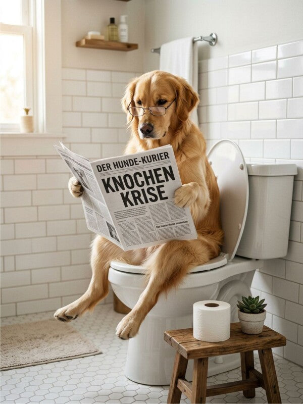 Hund auf Toilette Poster Golden Retriever - Lustiges WC Bild Badezimmer Deko