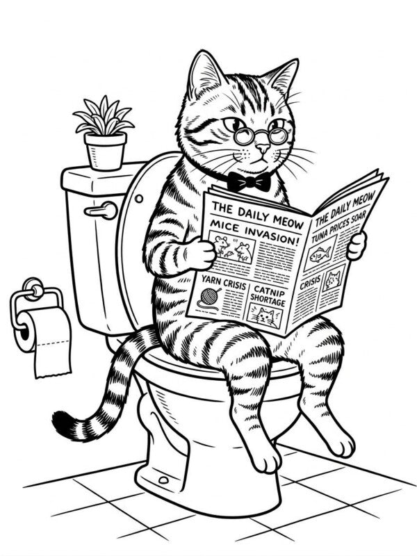 Katze auf Toilette Comic Poster Schwarz-Weiss - Lustiges WC Bild Badezimmer Deko