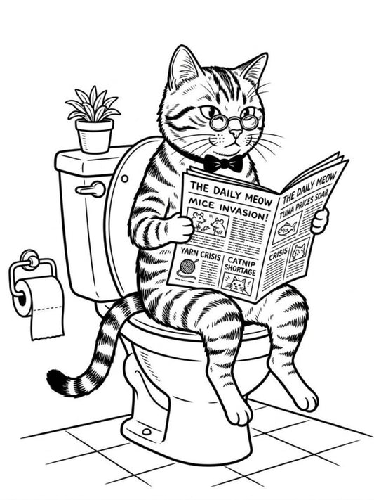 Katze auf Toilette Comic Poster Schwarz-Weiss - Lustiges WC Bild Badezimmer Deko