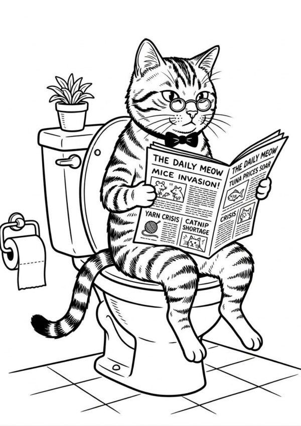 Katze auf Toilette Comic Poster Schwarz-Weiss - Toilettenposter fuers Gaeste-WC