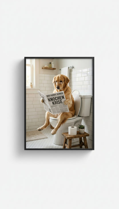 Hund auf Toilette Poster gerahmt - Golden Retriever liest Zeitung