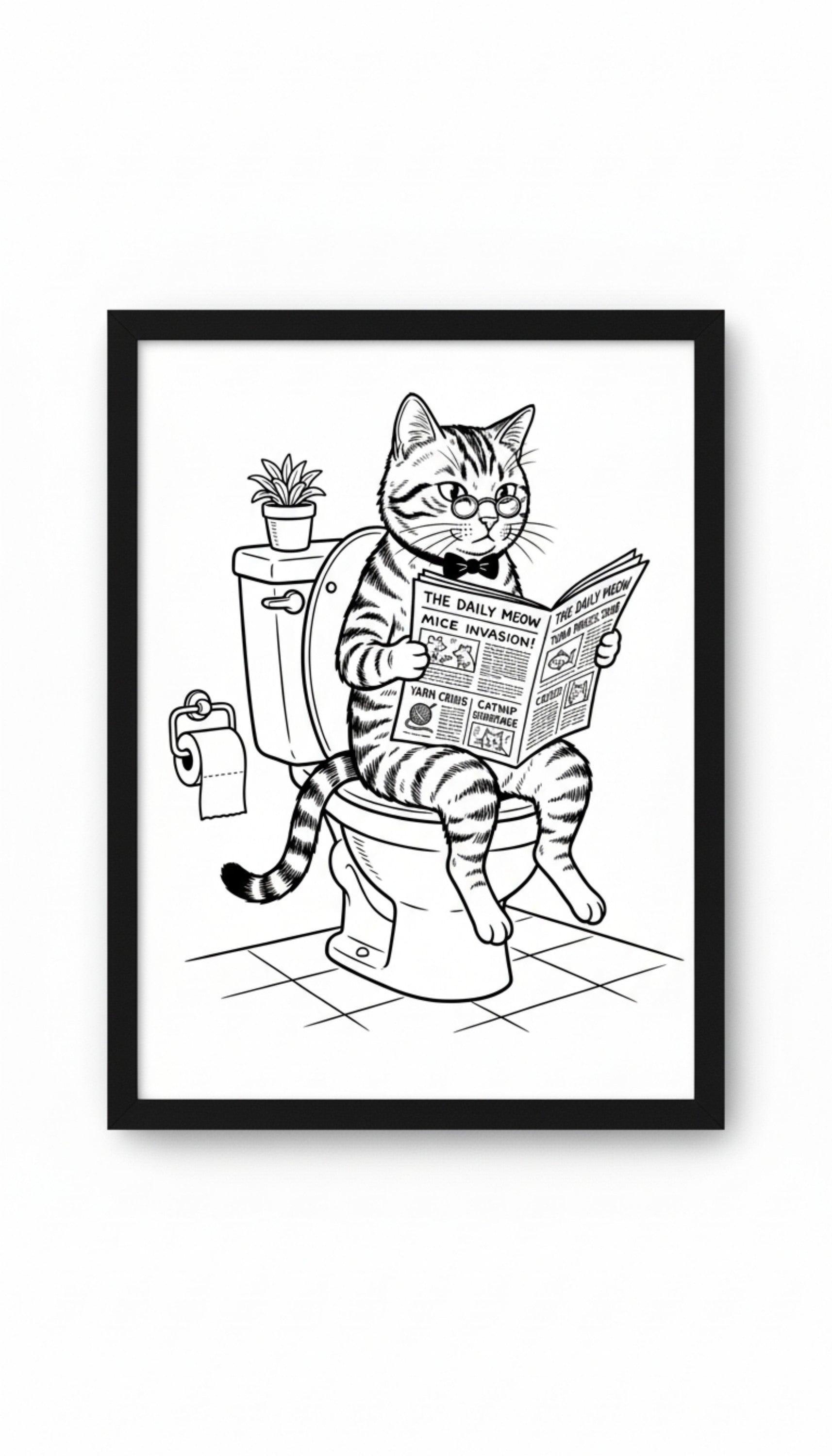 Katze auf Toilette Comic Poster Schwarz-Weiss gerahmt - The Daily Meow
