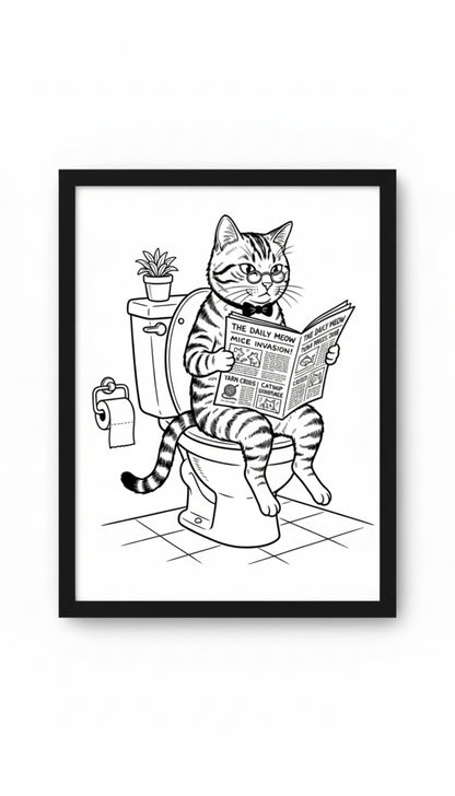 Katze auf Toilette Comic Poster Schwarz-Weiss gerahmt - The Daily Meow