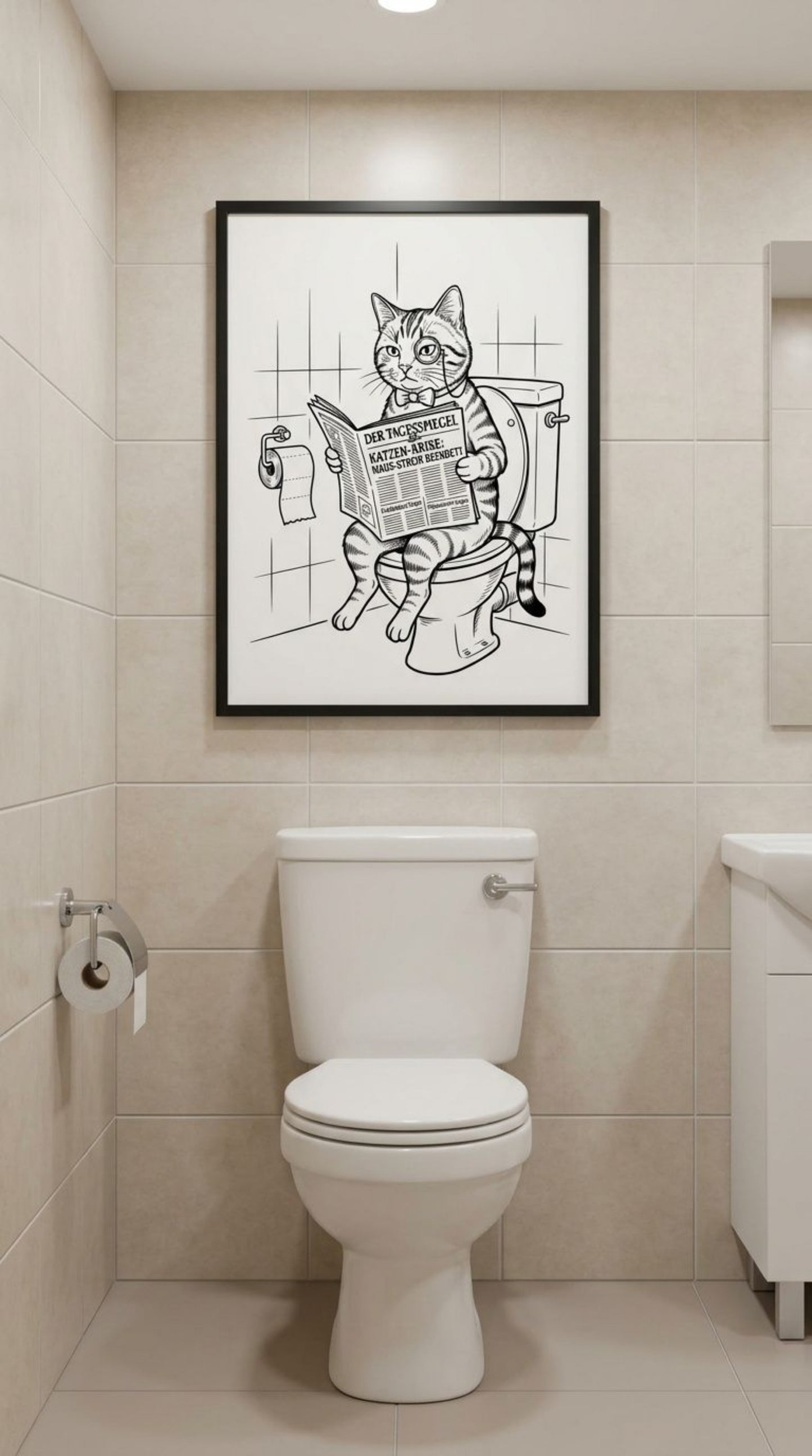 Katze auf Toilette Poster Schwarz-Weiss im Badezimmer - Katzen-Krise