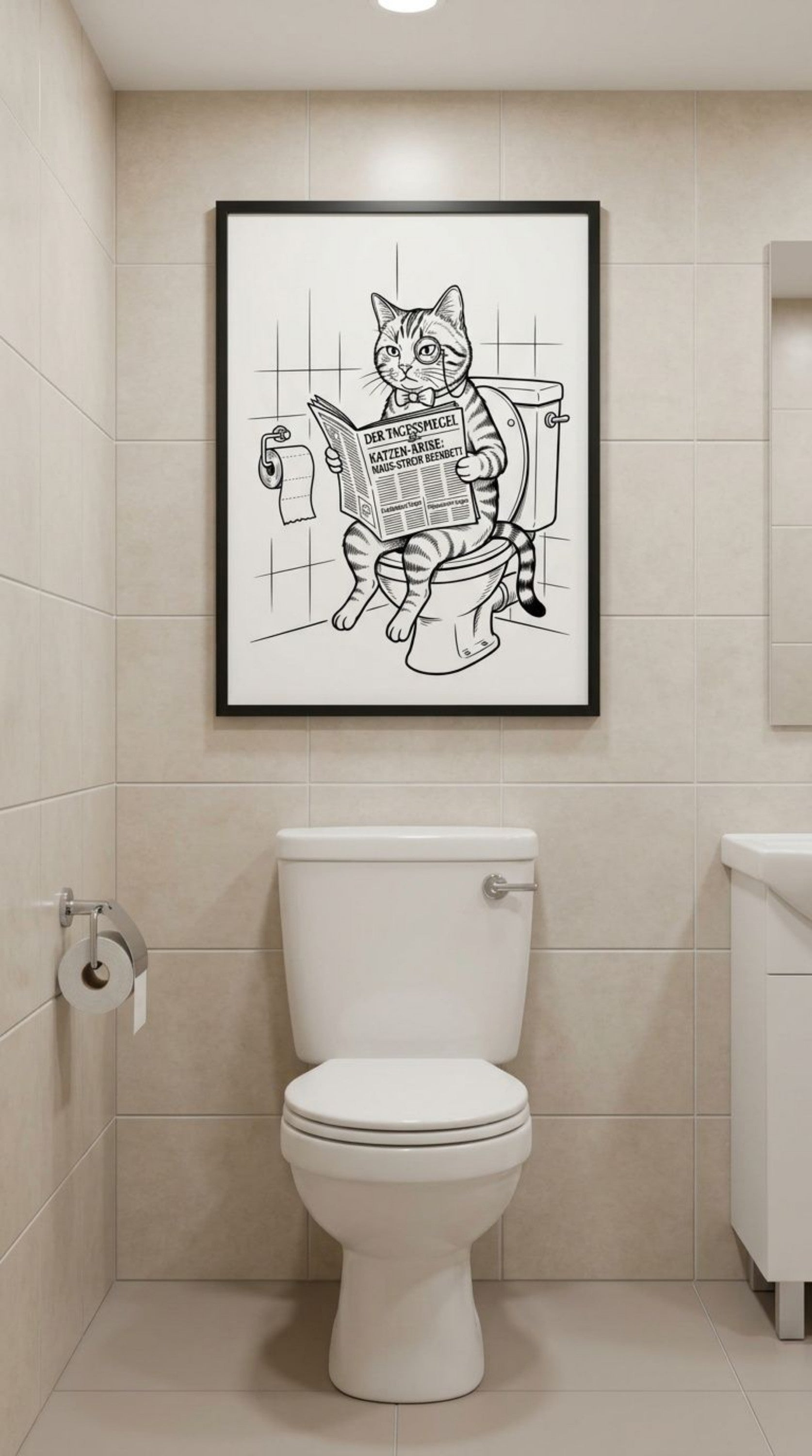 Katze auf Toilette Poster Schwarz-Weiss im Badezimmer - Katzen-Krise