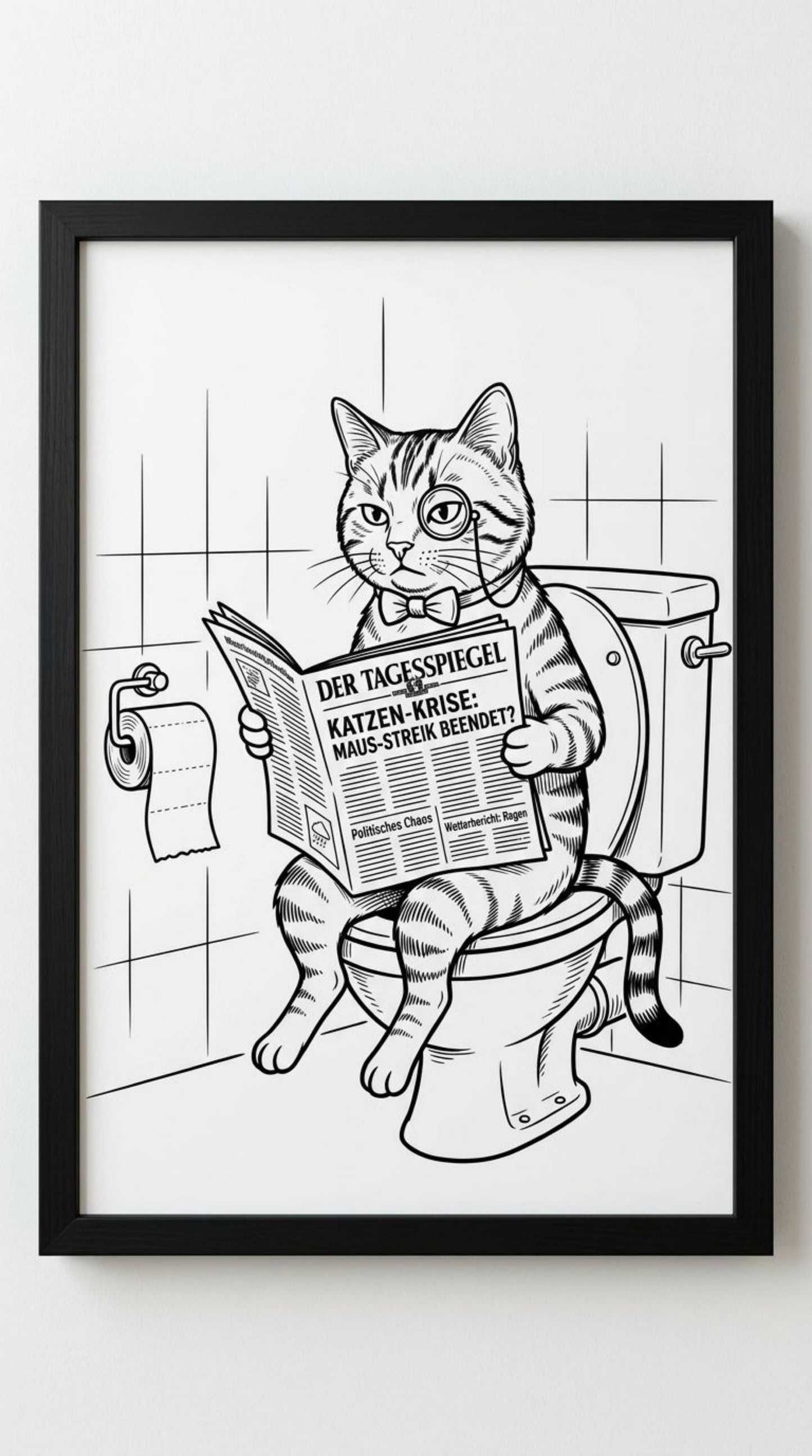 Katze auf Toilette Poster Schwarz-Weiss gerahmt - Lustiges WC Bild