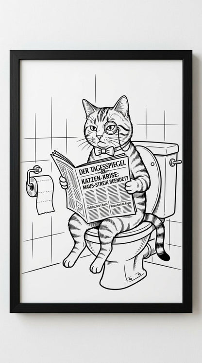Katze auf Toilette Poster Schwarz-Weiss gerahmt - Lustiges WC Bild