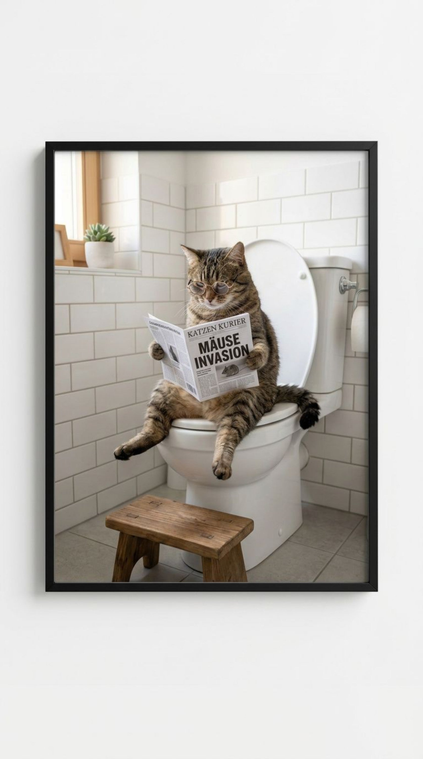 Katze auf Toilette Poster gerahmt - Lustiges Badezimmer Wandbild