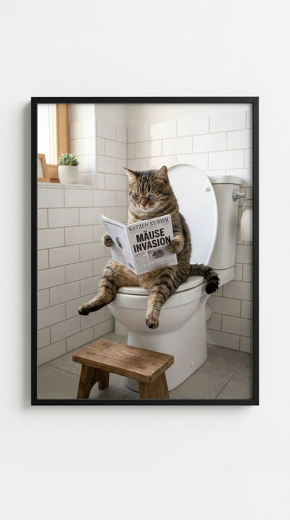 Katze auf Toilette Poster gerahmt - Lustiges Badezimmer Wandbild